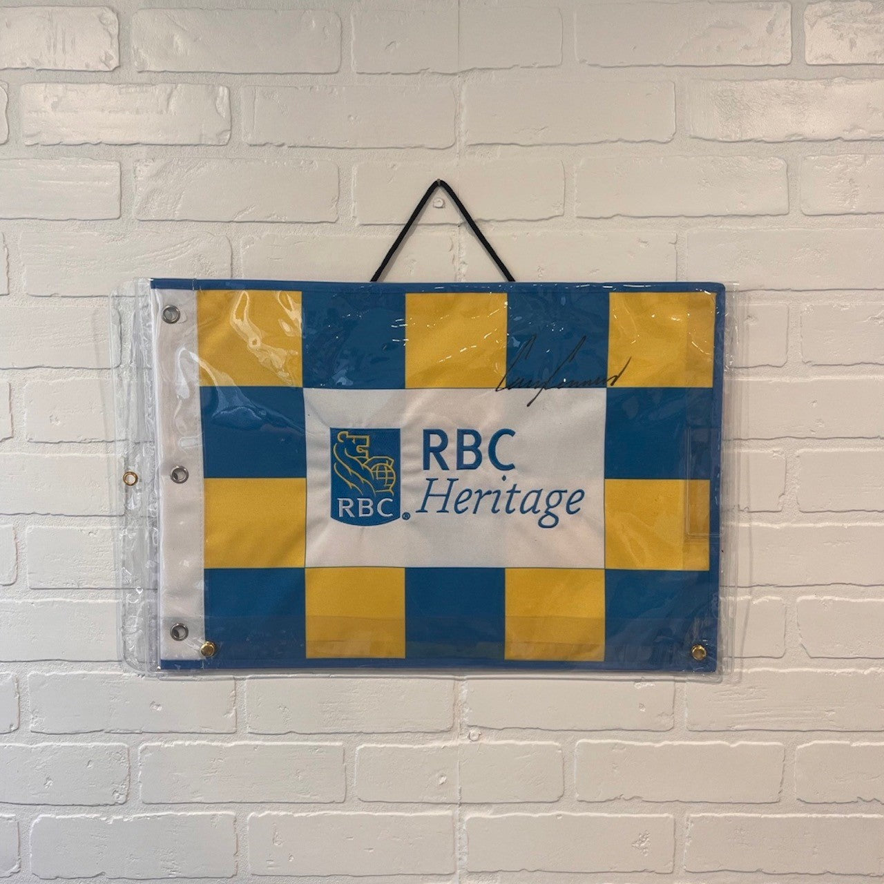 RBC Heritage 2023 14x20 Pin Flag Yellow and Blue Checkered - Signed By Corey Conners