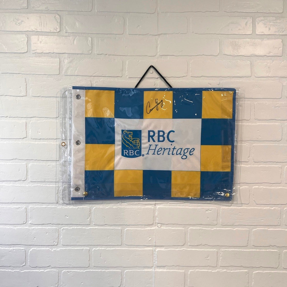 RBC Heritage 2023 14x20 Pin Flag Yellow and Blue Checkered - Signed By Cameron Young