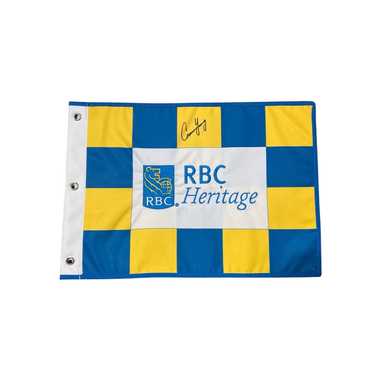 RBC Heritage 2023  14x20 Pin Flag Yellow and Blue Checkered - Signed By Cameron Young