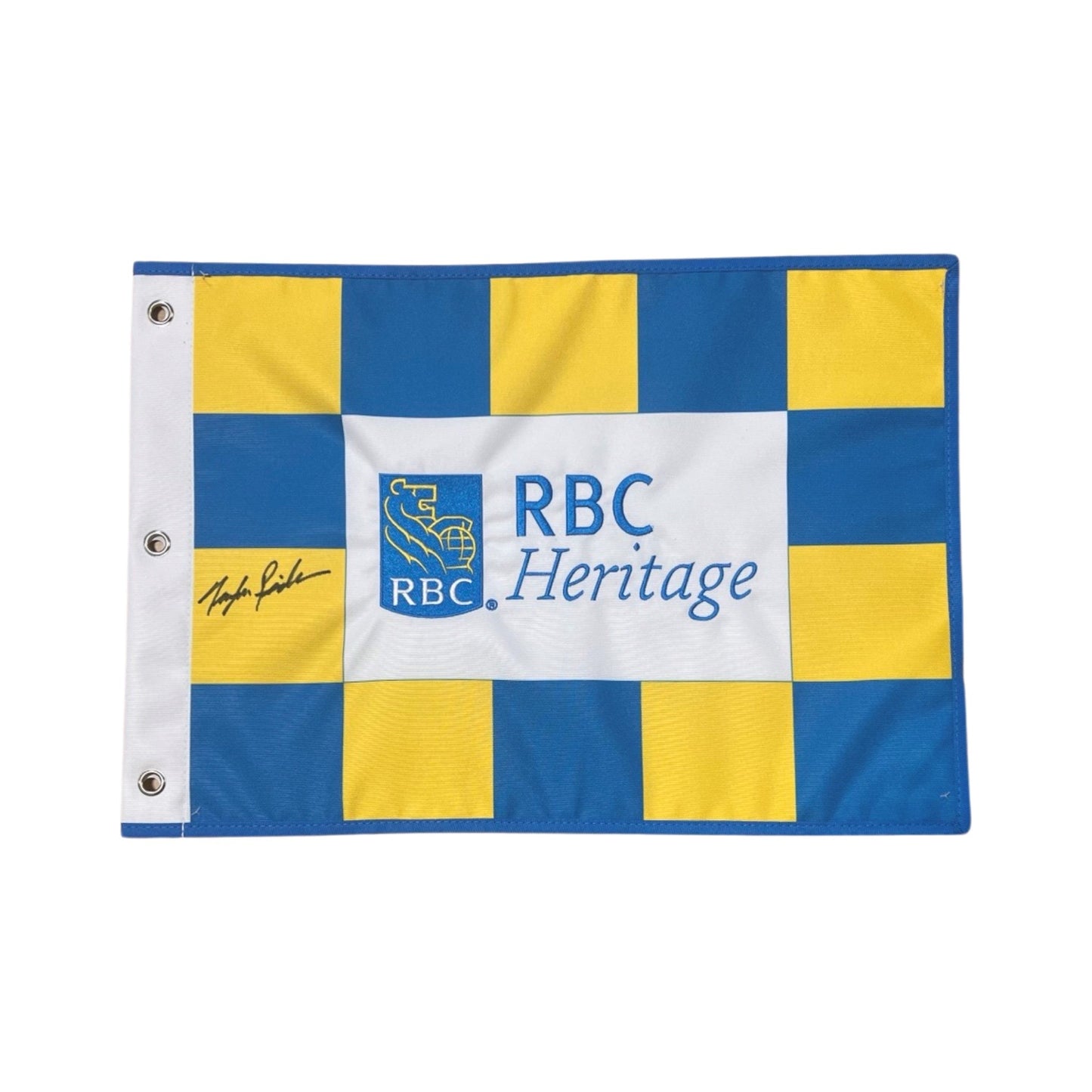 RBC Heritage 2023 14x20 Pin Flag Yellow and Blue Checkered - Signed By Taylor Pendrith