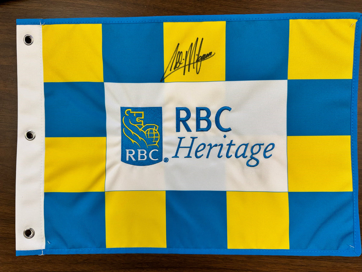Collin Morikawa signed RBC Heritage Golf Flag-2023 - blue and yellow check