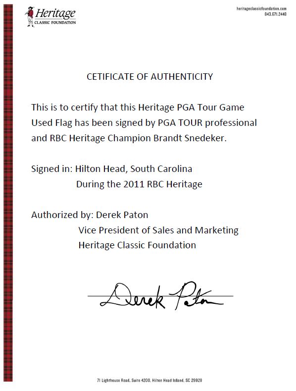 The Heritage PGA TOUR Game Used Flag - Signed by Brandt Snedeker
