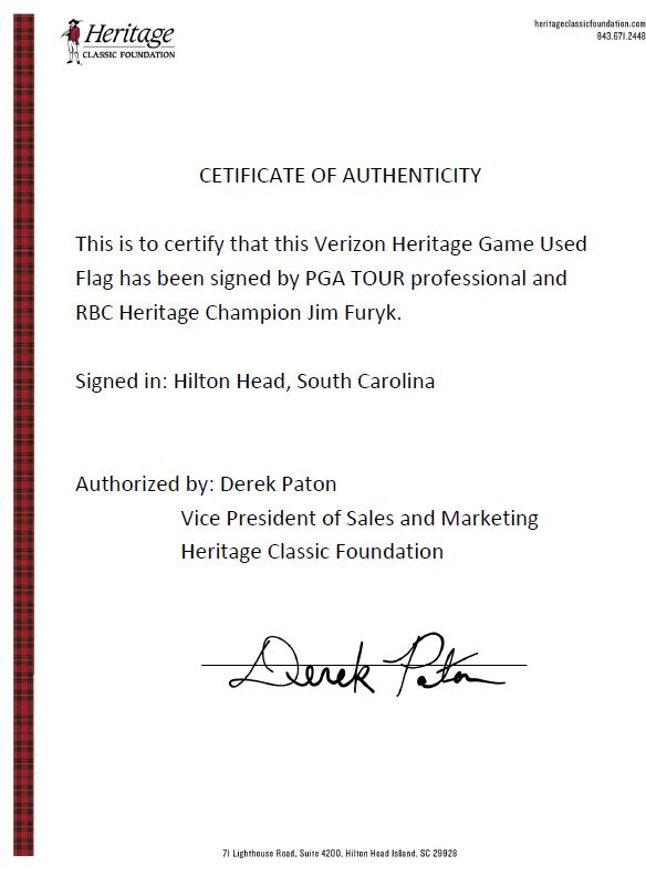 Verizon Heritage Game Used Flag - Signed by Jim Furyk